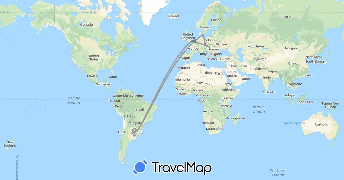 TravelMap itinerary: driving, bus, plane, train in Argentina, Austria, Belgium, Czech Republic, Denmark, United Kingdom, Hungary, Netherlands, Slovakia (Europe, South America)