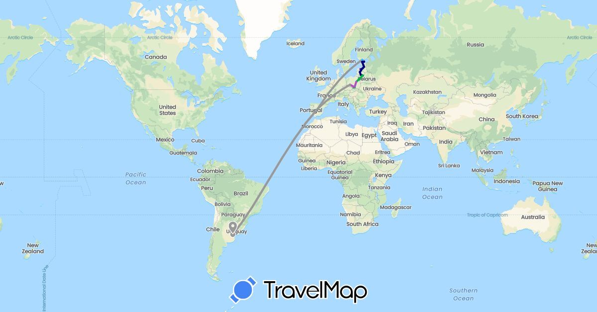 TravelMap itinerary: driving, bus, plane, train, boat in Argentina, Estonia, Spain, Finland, Lithuania, Latvia, Poland (Europe, South America)