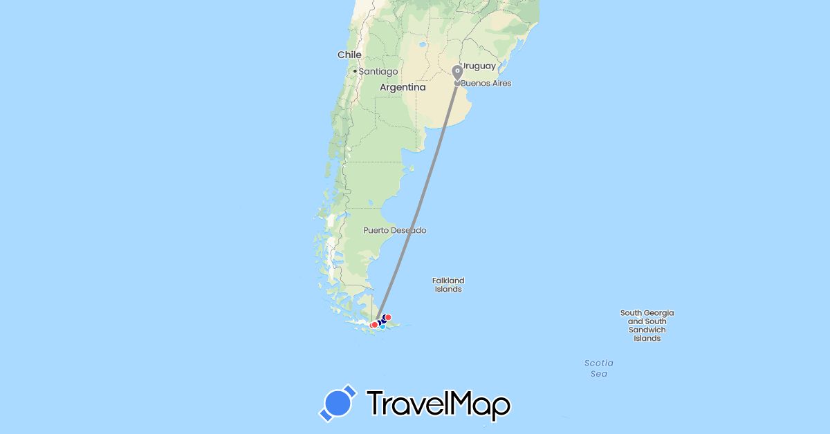 TravelMap itinerary: driving, bus, plane, train, hiking, boat in Argentina (South America)