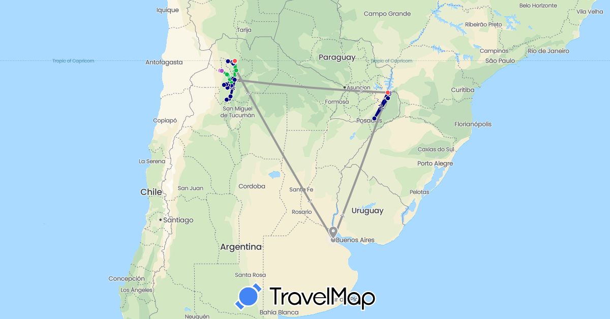 TravelMap itinerary: driving, bus, plane, train, hiking in Argentina, Brazil (South America)