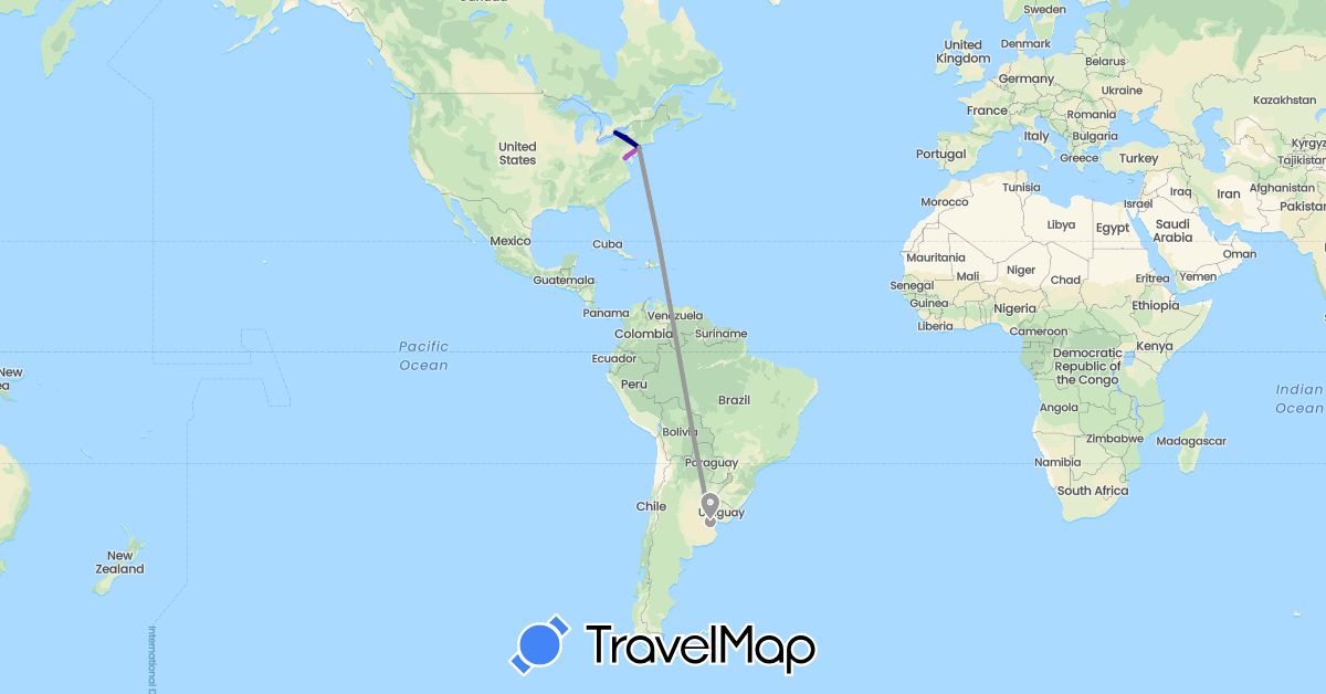 TravelMap itinerary: driving, plane, train in Argentina, Canada, United States (North America, South America)