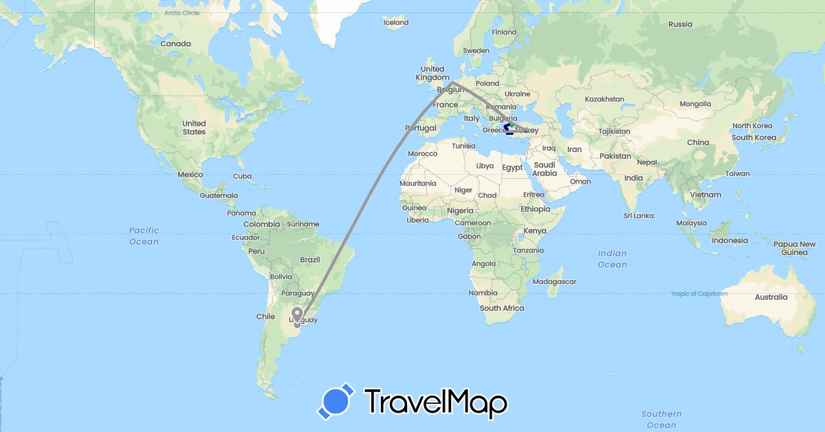 TravelMap itinerary: driving, bus, plane, boat in Argentina, Netherlands, Turkey (Asia, Europe, South America)