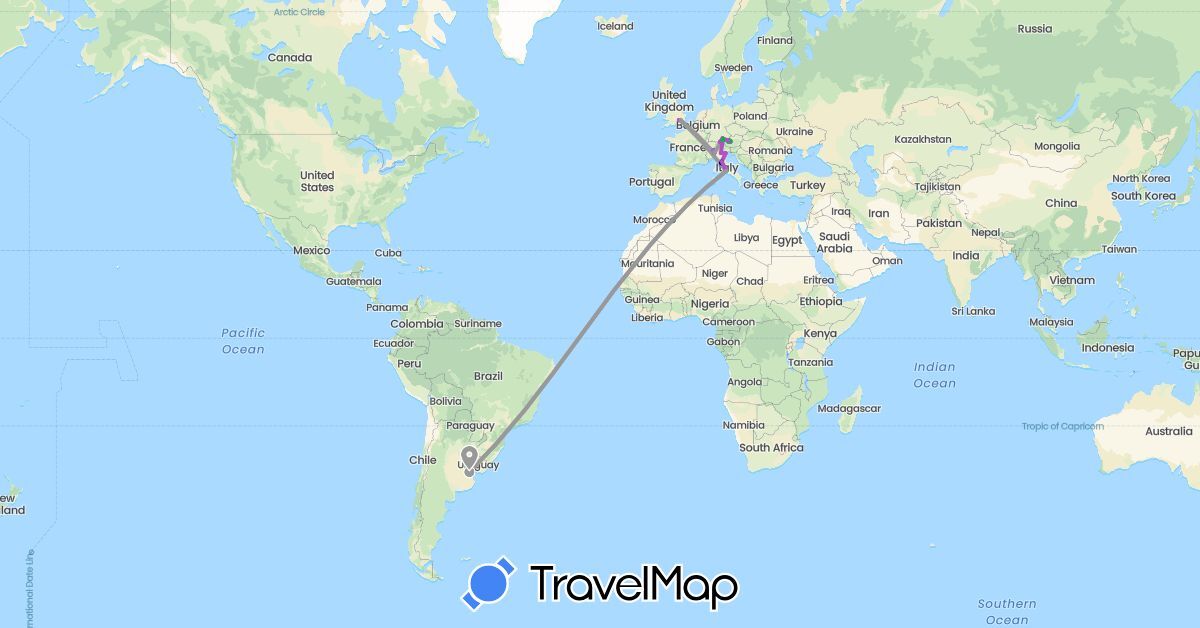 TravelMap itinerary: driving, bus, plane, train, hiking, boat in Argentina, Austria, Switzerland, Germany, United Kingdom, Italy (Europe, South America)