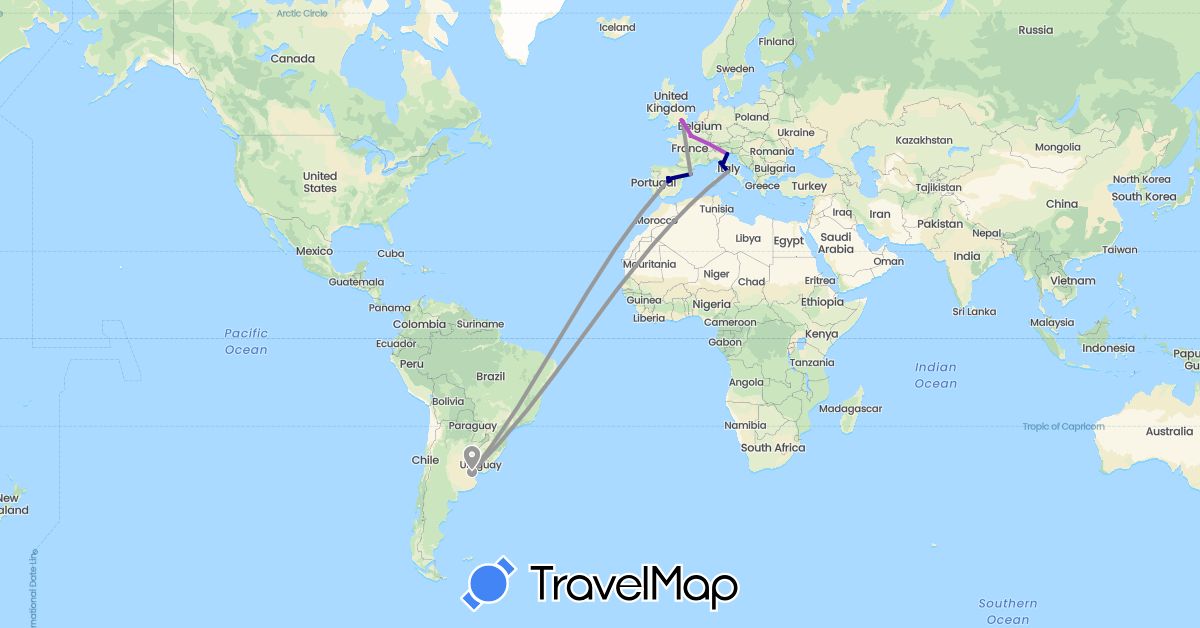 TravelMap itinerary: driving, bus, plane, train, hiking in Argentina, Spain, France, United Kingdom, Italy, Vatican City (Europe, South America)